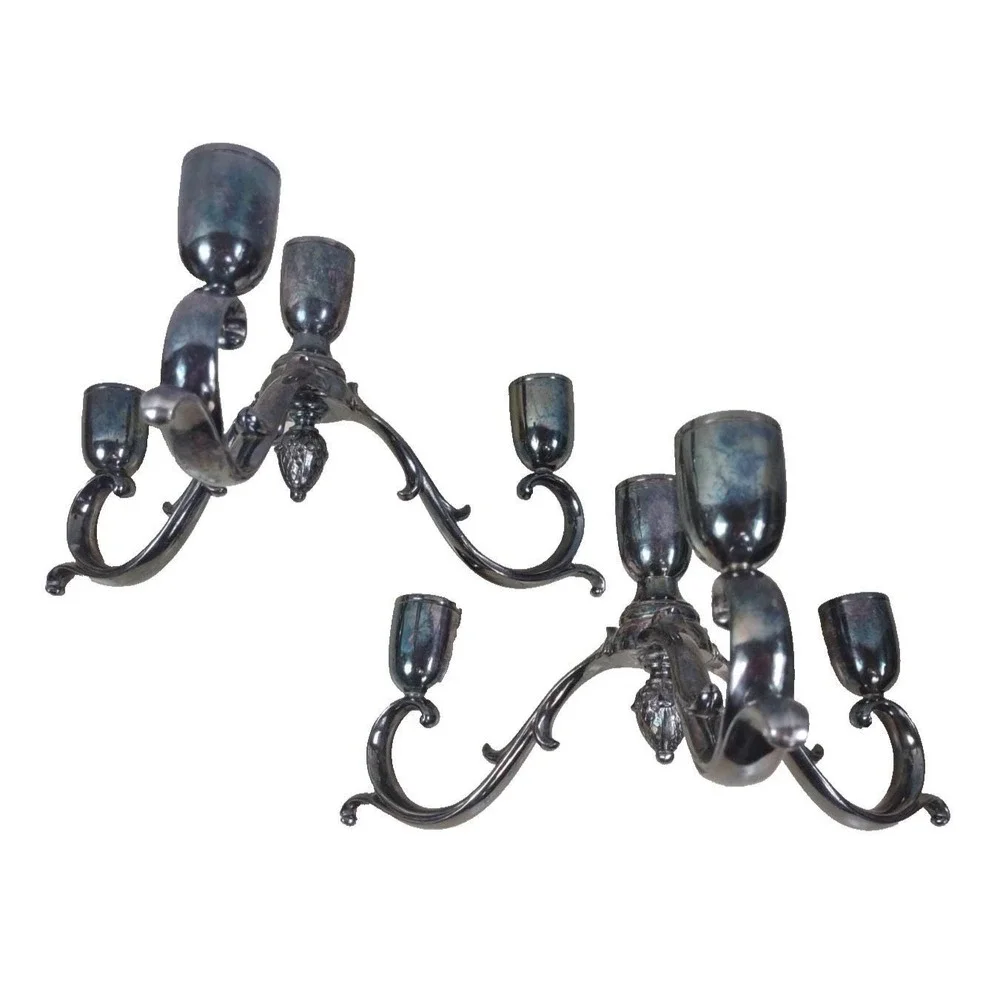 Vtg Pair Silver Plate Gothic Candelabras Candle Holders Patina Reed & Barton